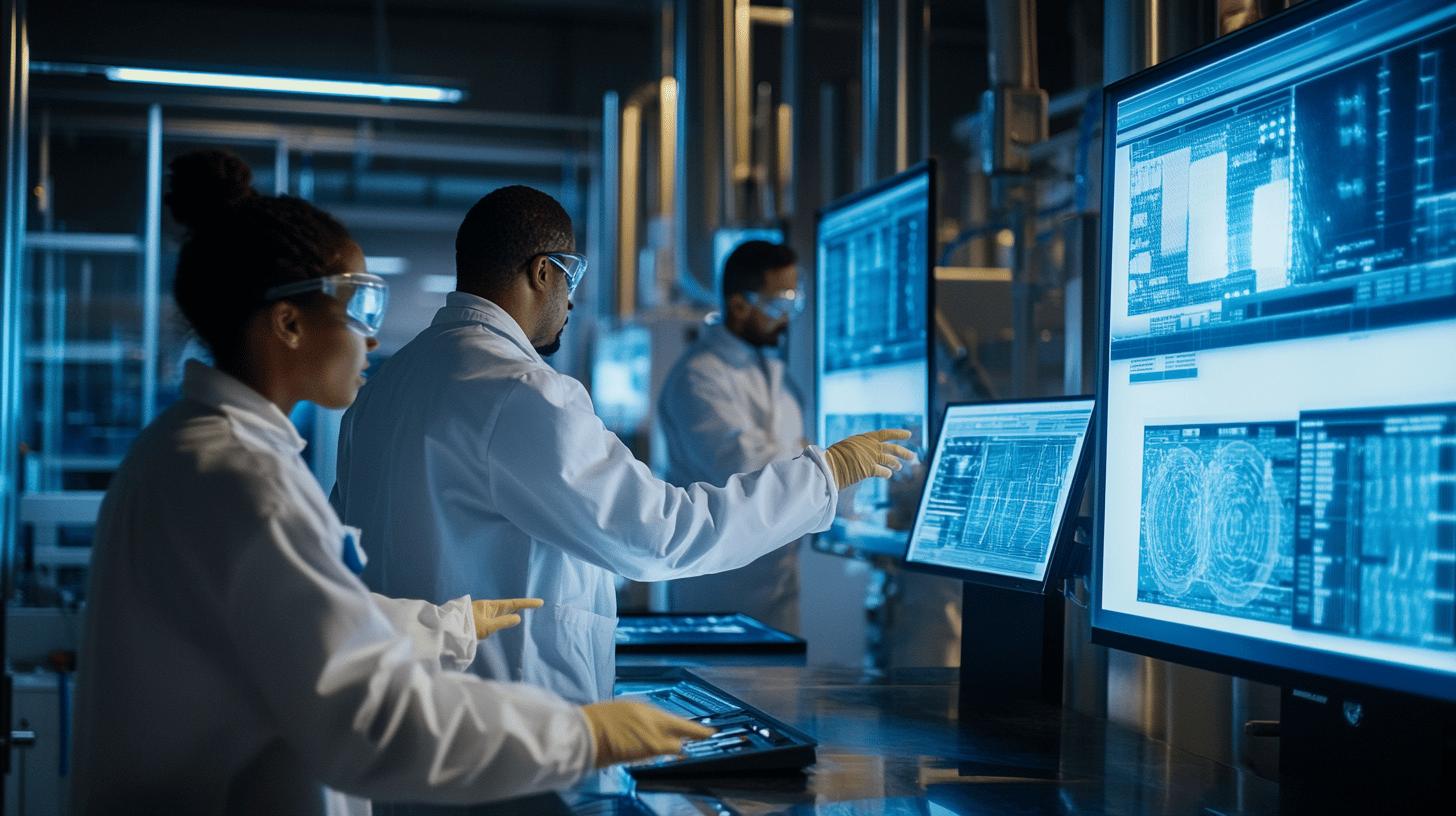 Scientists in white lab coats analyzing complex data visualizations on multiple computer screens in a high-tech research laboratory with blue lighting