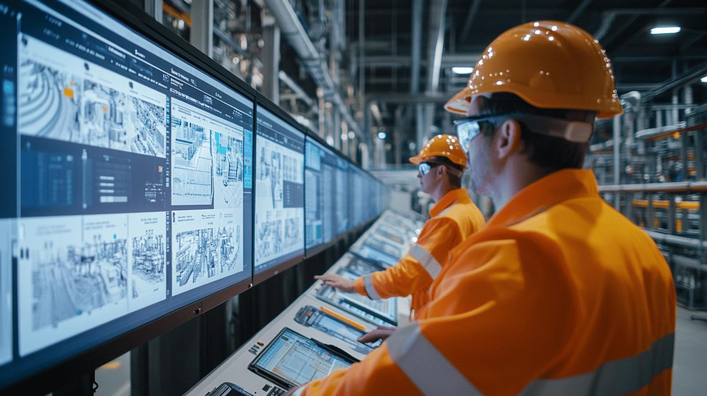 Industrial control room with workers in orange safety uniforms and hard hats monitoring multiple screens displaying technical diagrams and facility schematics in a high-tech manufacturing environment
