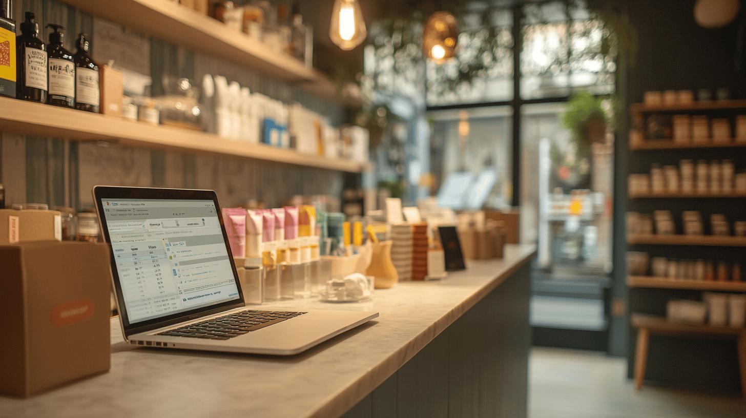 laptop on retail store counter with inventory shelves and products in soft focus background, warm industrial lighting
