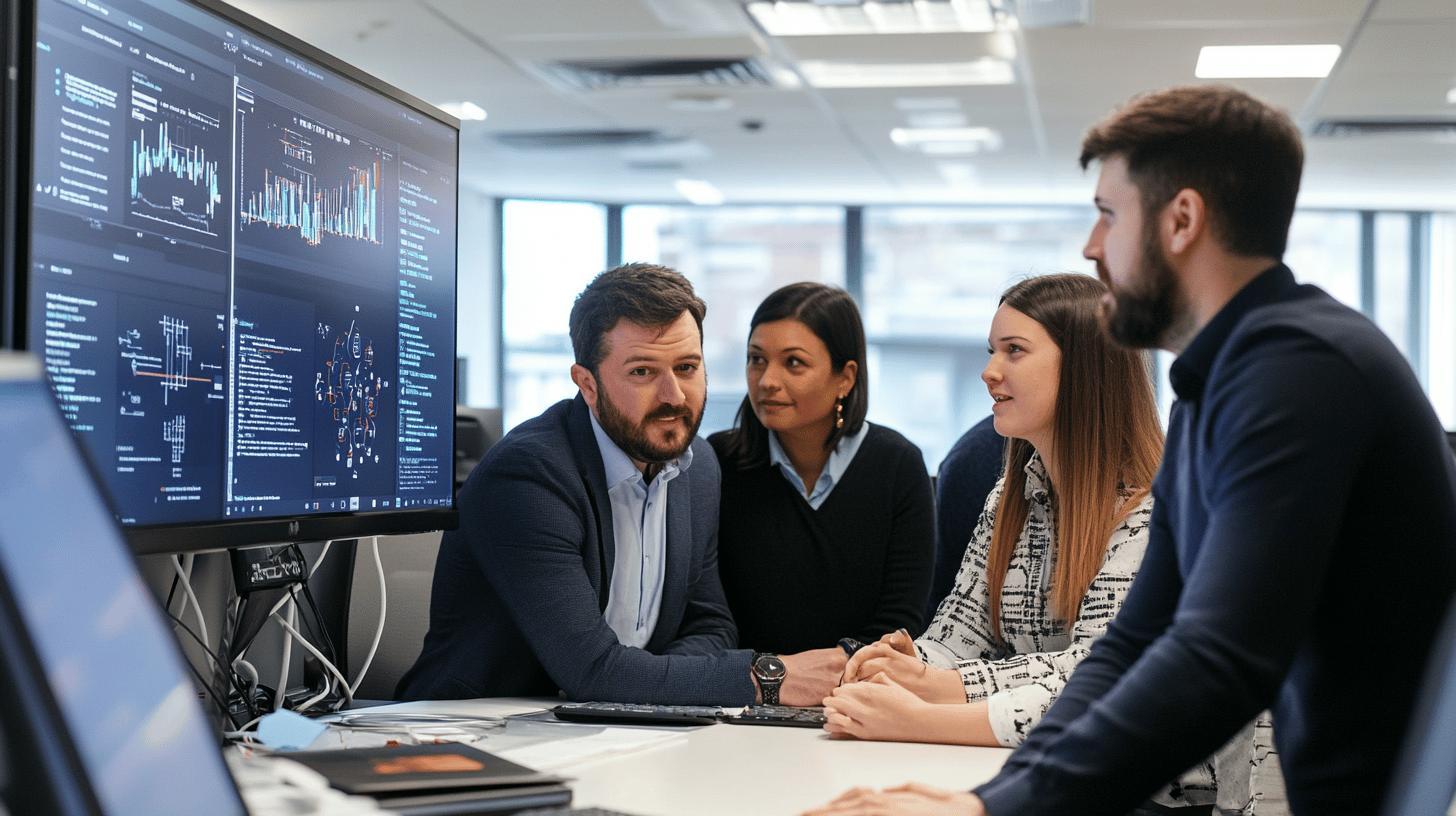 Data analytics team analyzing graphs and charts in modern office with large display screen showing complex business performance metrics and visualization