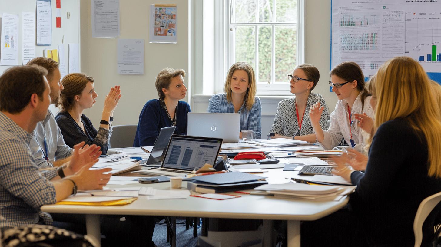 Professional team collaborating in bright office meeting room with laptops and documents, engaging in active discussion around conference table