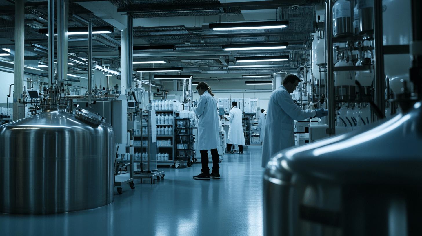 sterile pharmaceutical manufacturing facility with industrial equipment and workers in white lab coats performing quality control and production tasks near large metal processing tanks and shelves of bottled products
