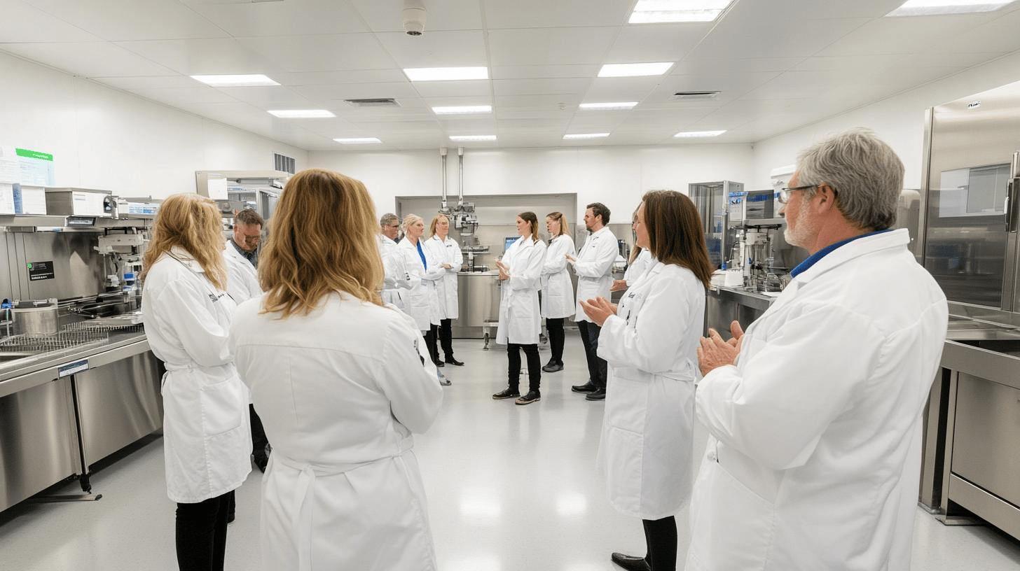 White-coated professionals gathered in a sterile laboratory with industrial equipment, engaged in a collaborative meeting or training session, demonstrating teamwork in a high-tech scientific environment.