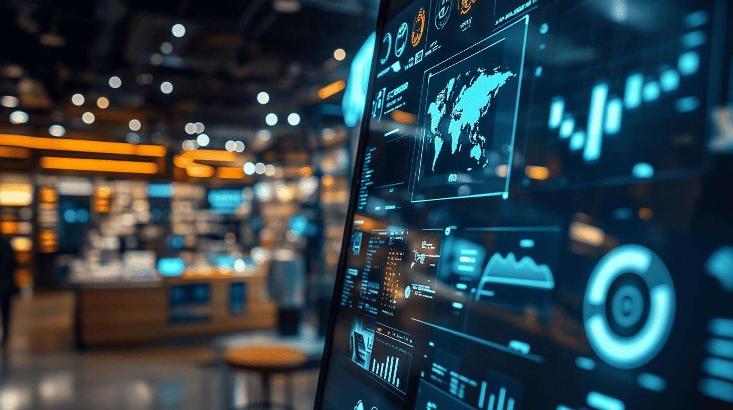 futuristic data visualization dashboard displaying global analytics with world map, financial graphs, and interactive digital interface in blue and orange tones, showcasing advanced business intelligence technology