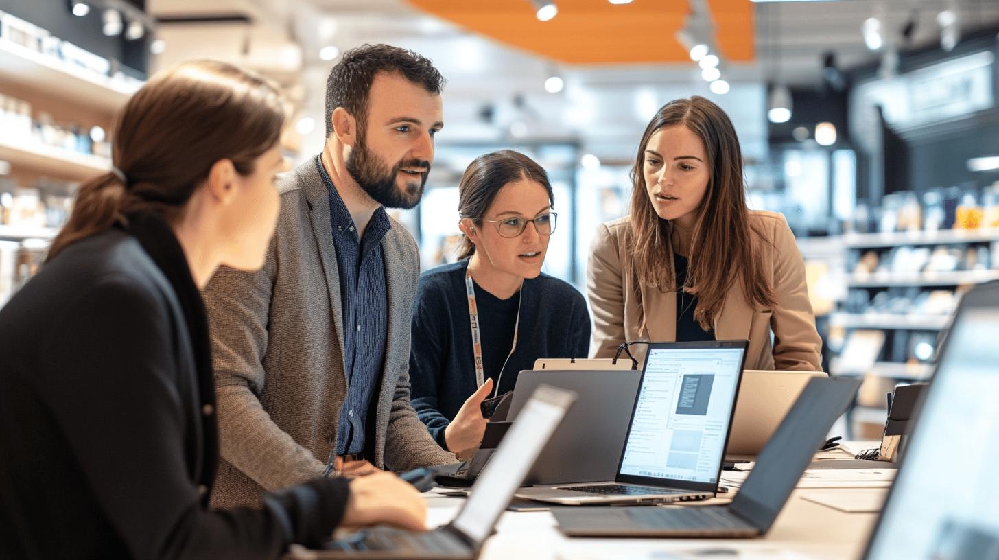 Professional team collaborating in modern office with laptops, discussing project details in bright workspace with sleek interior design