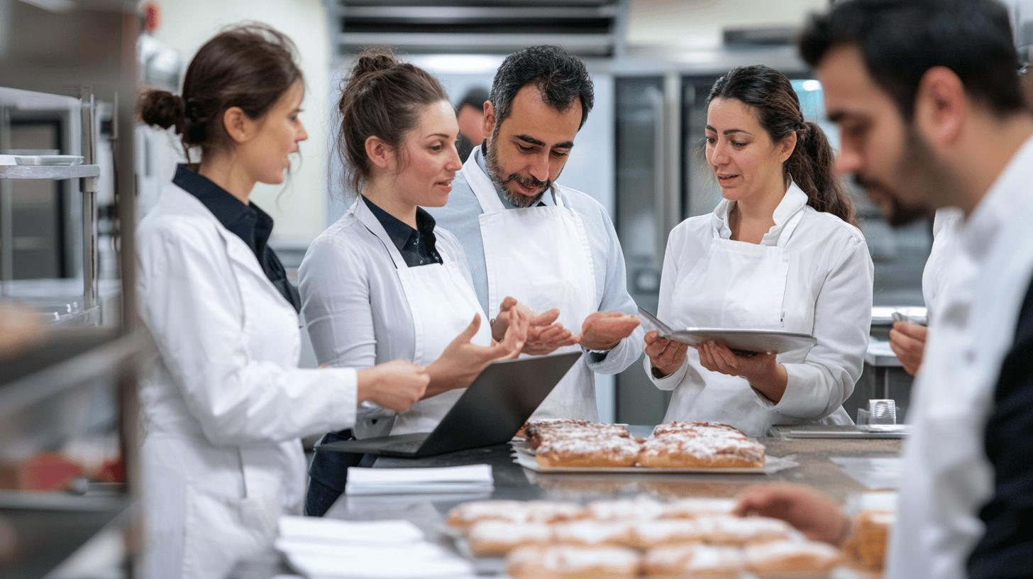 Professional chefs collaborating in commercial kitchen, discussing culinary techniques with pastries and laptop, wearing white chef uniforms and engaged in team consultation