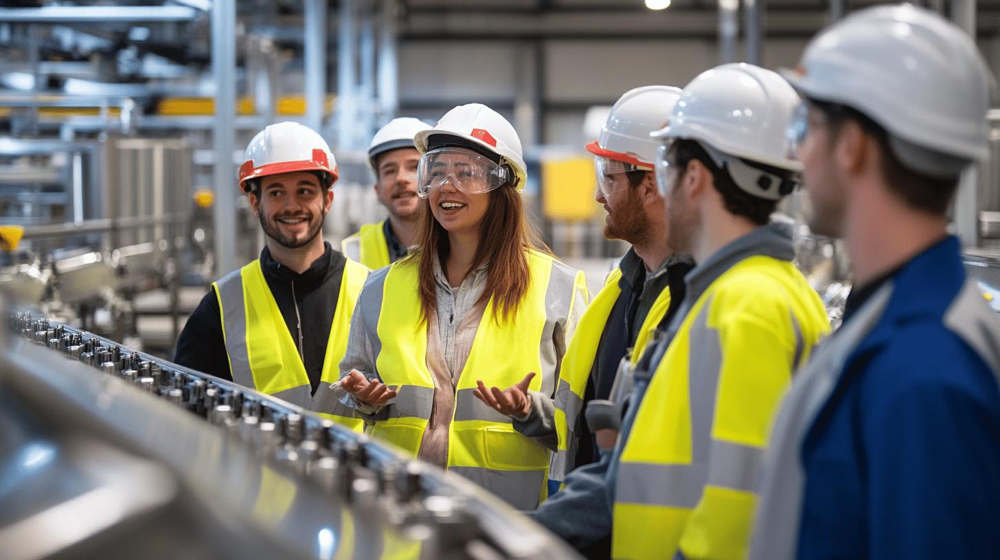 Industrial workers in safety gear collaborating in manufacturing facility, wearing yellow high-visibility vests and white hard hats, engaged in cheerful discussion near production equipment