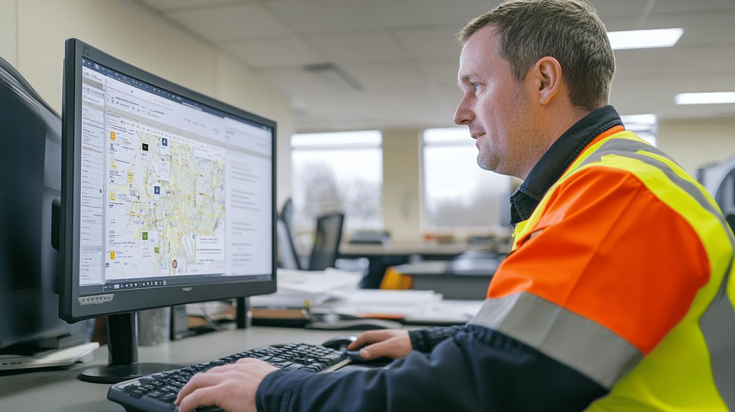 Construction worker analyzing geographic information system map on computer in office with safety vest