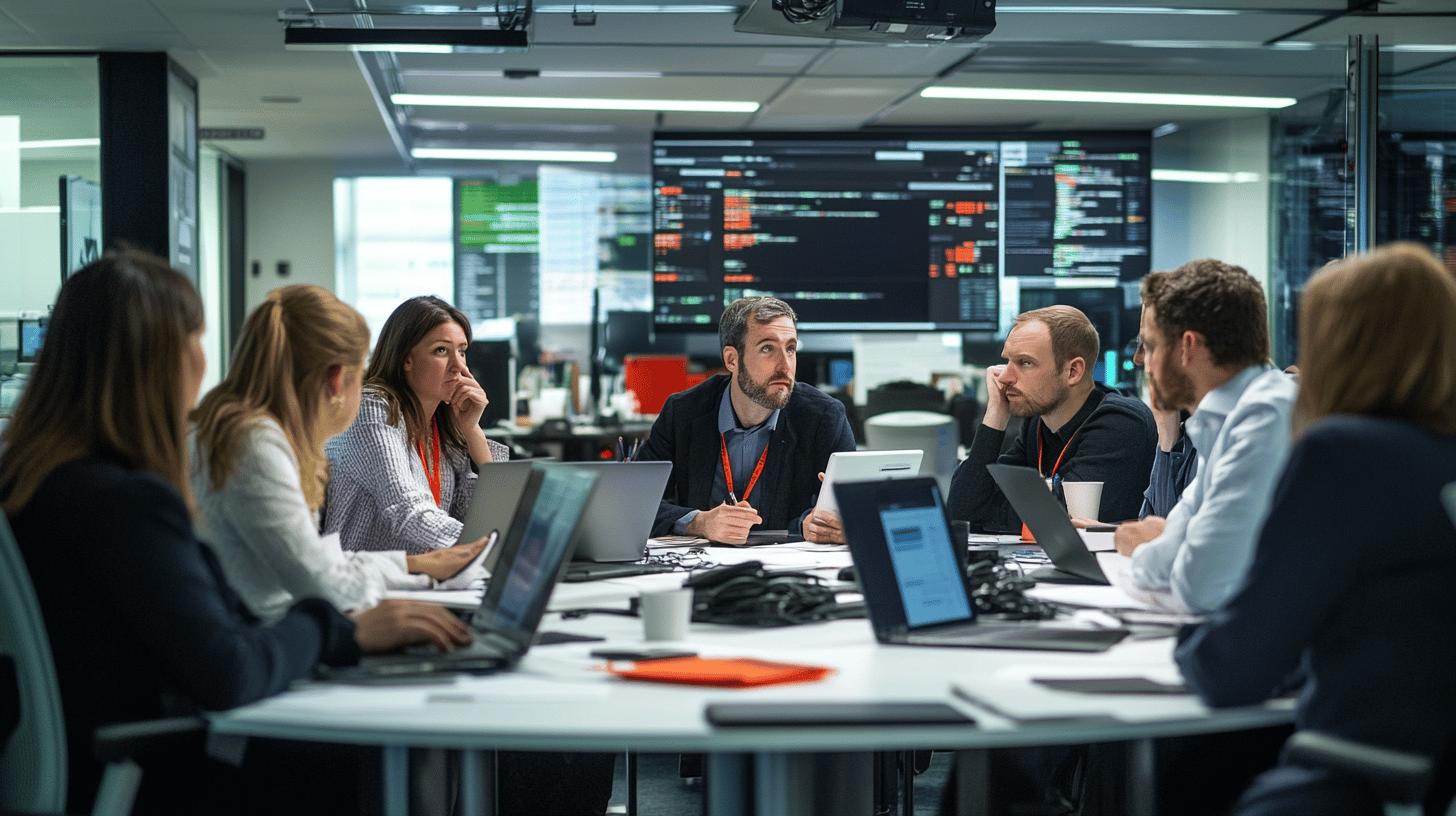 Diverse team of professionals collaborating in modern technology control room with data monitors and laptops during intense business meeting