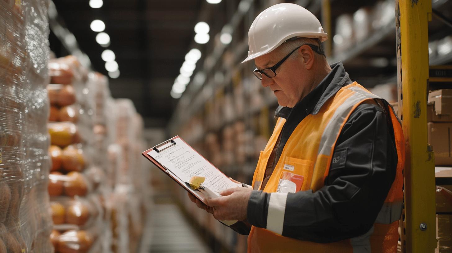 Warehouse worker in safety vest and hard hat conducting inventory check on clipboard among stacked product pallets in industrial storage facility