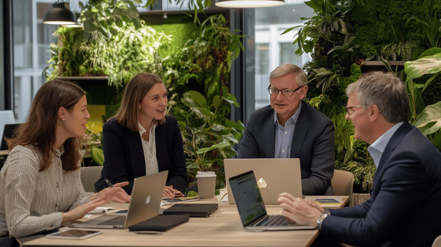 Professional business meeting in a green, plant-filled office space with four colleagues collaborating around laptops, showcasing modern workplace design and collaborative work environment