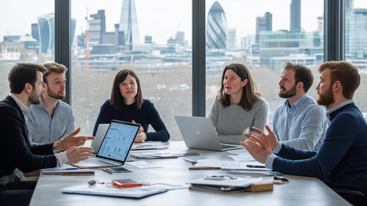 Business professionals in a collaborative meeting with London skyline in background, discussing strategy with laptops and documents at modern office conference table
