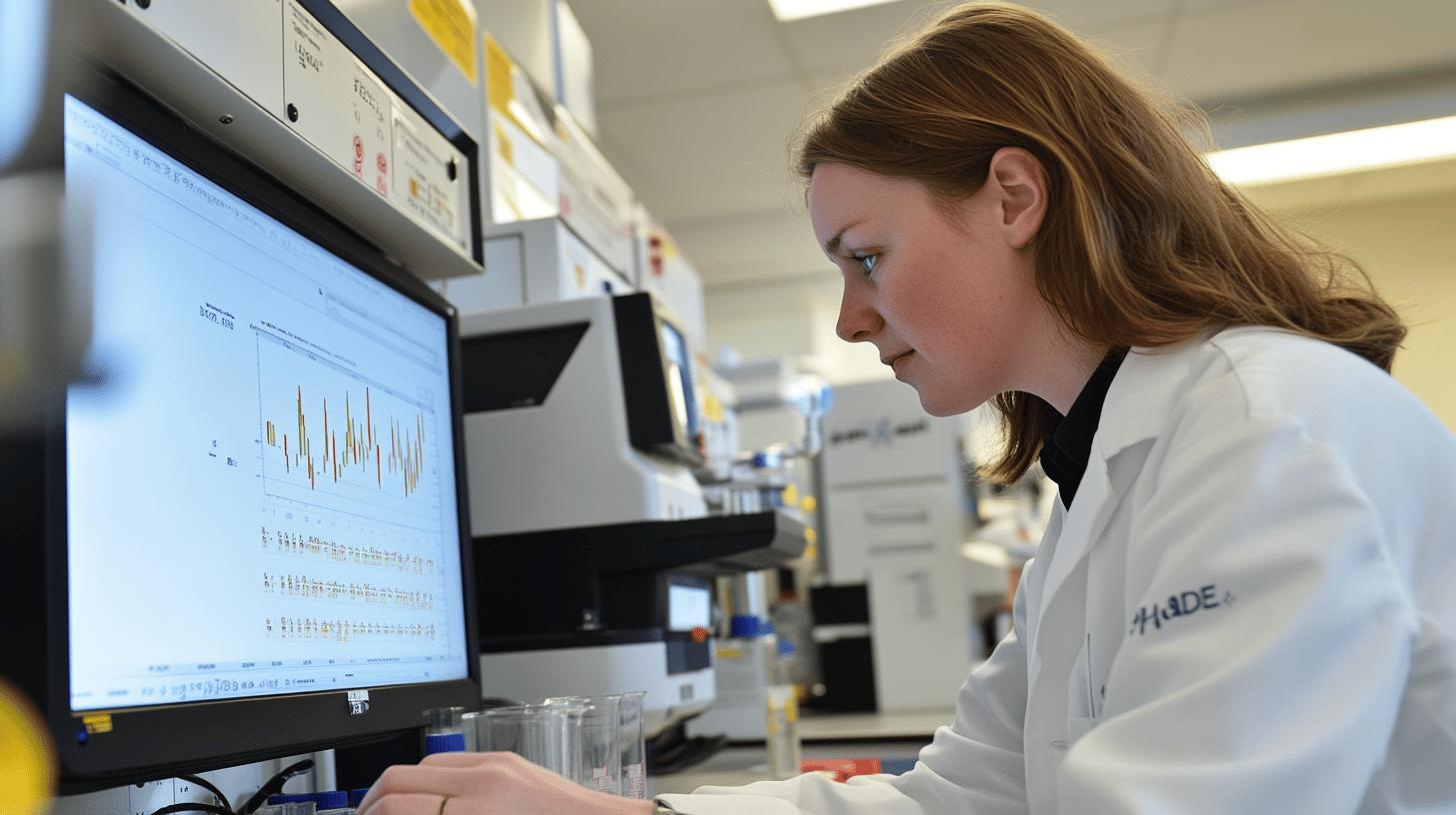 Laboratory researcher analyzing data visualization on computer screen in scientific research environment, wearing white lab coat and focused on data analysis