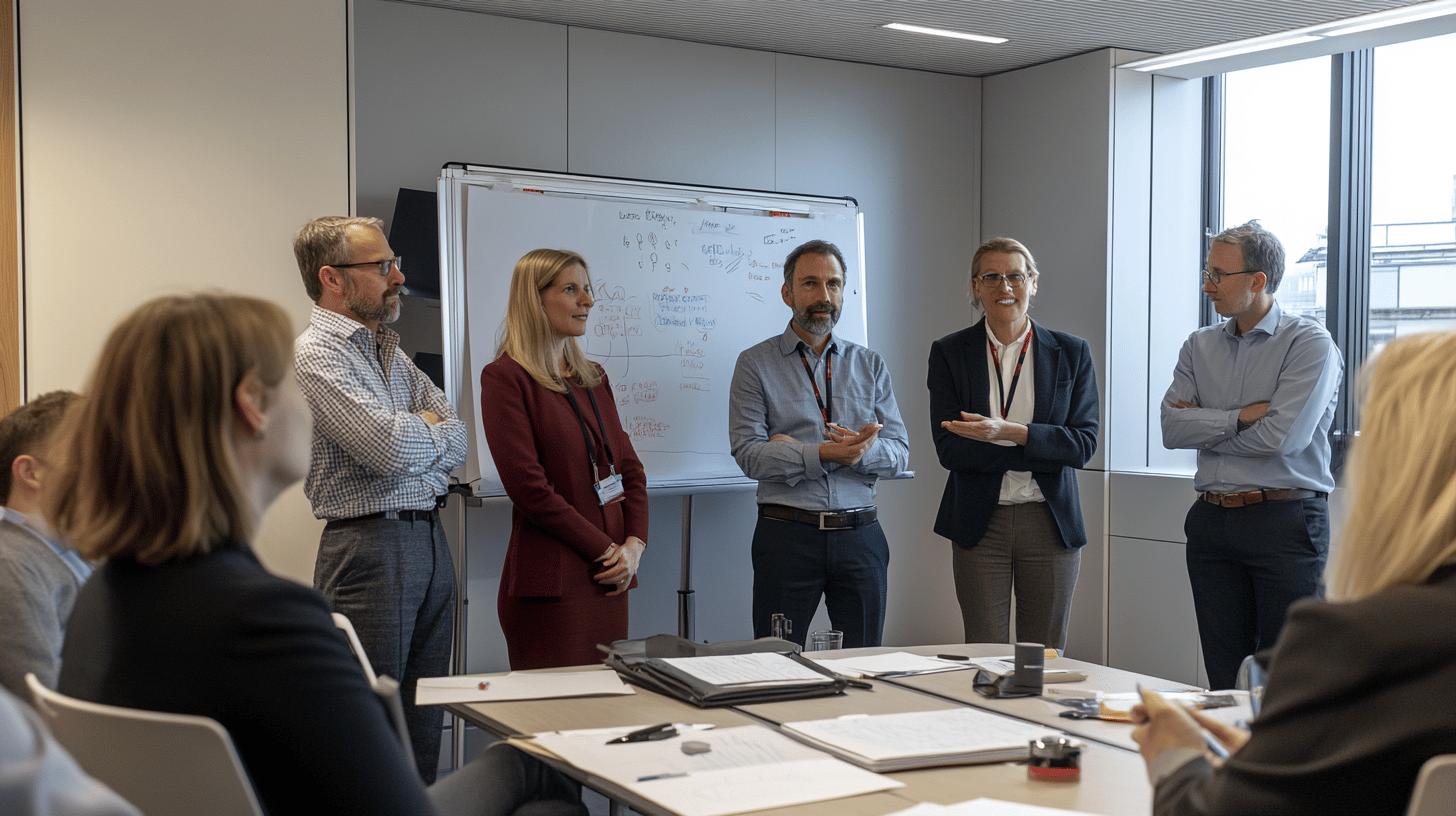 Professional business team presenting strategy during meeting in modern conference room with whiteboard and collaborative workspace
