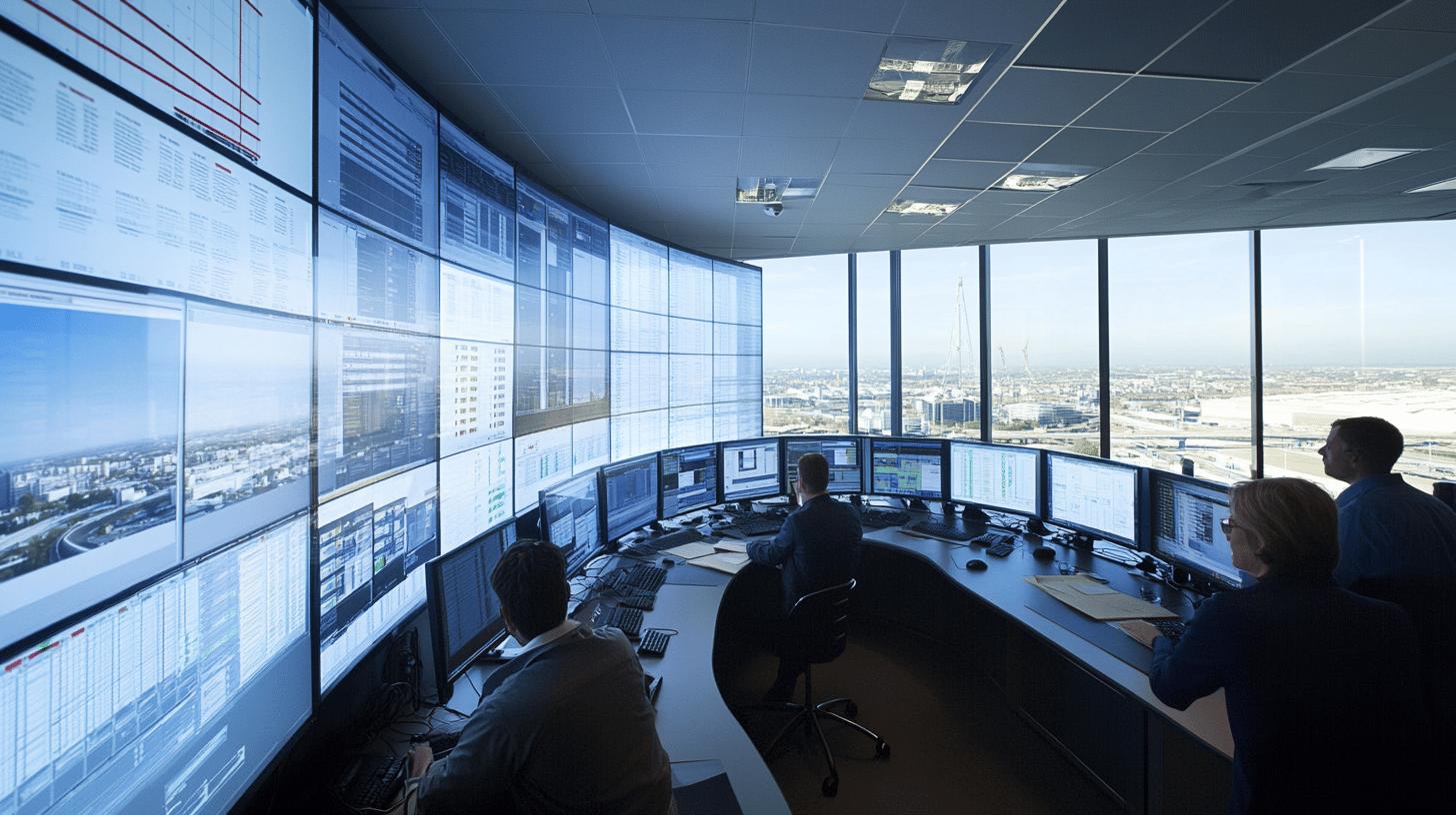 Futuristic control room with curved wall of digital screens, multiple operators monitoring data displays, overlooking urban cityscape through large windows