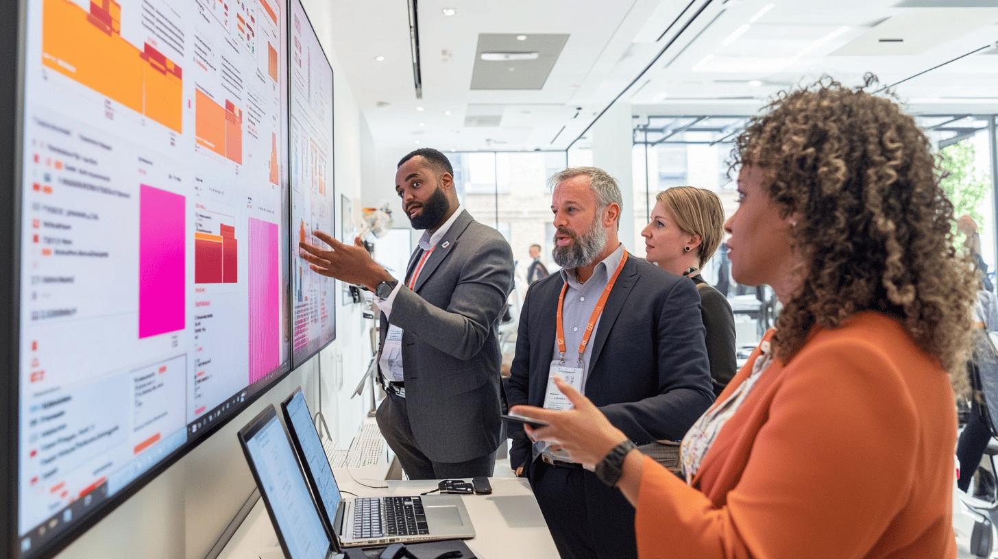 Diverse business professionals analyzing data visualization on large screen during collaborative meeting in modern office environment with laptops and colorful analytics dashboard