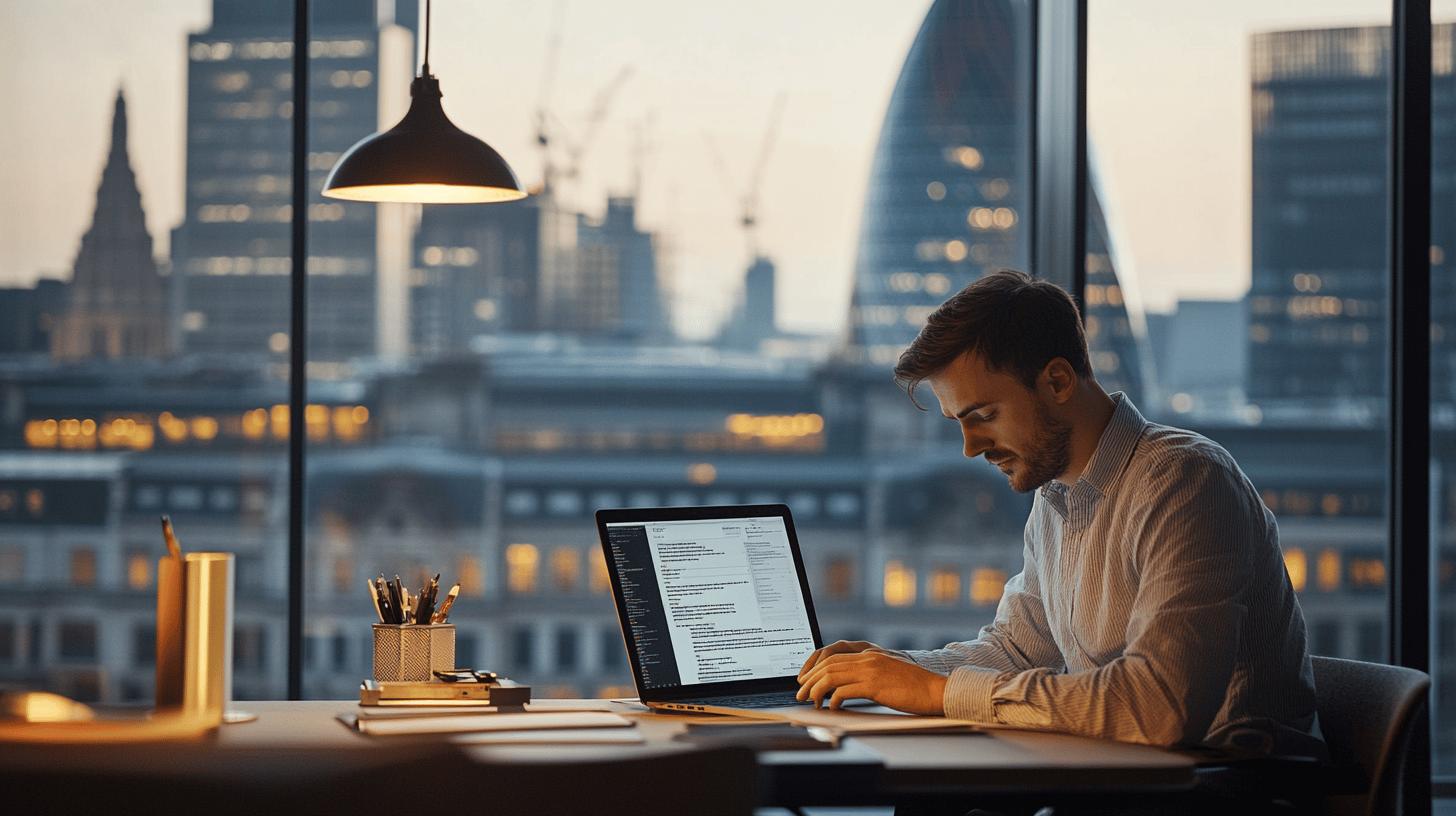 A professional working late in a modern office with London city skyline, focused on laptop at dusk with pendant lamp illuminating workspace