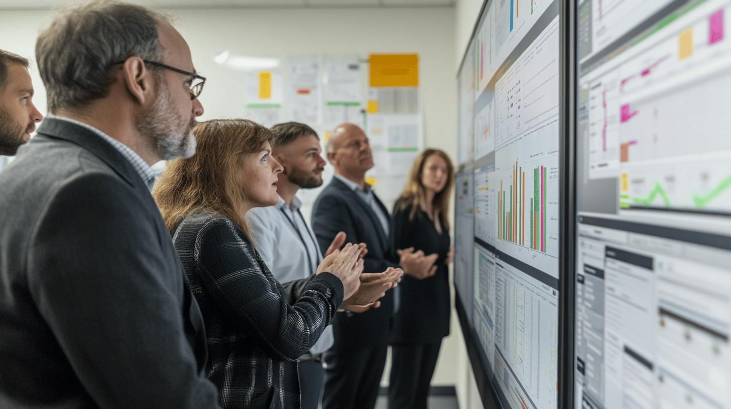 Business professionals analyzing performance metrics on digital dashboards during a strategy meeting, with color-coded graphs and data visualizations displayed on large screens