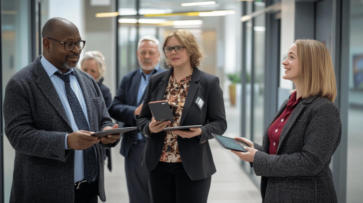 Diverse professional team collaborating with digital tablets in modern office hallway, discussing business strategy with engaged body language and technology