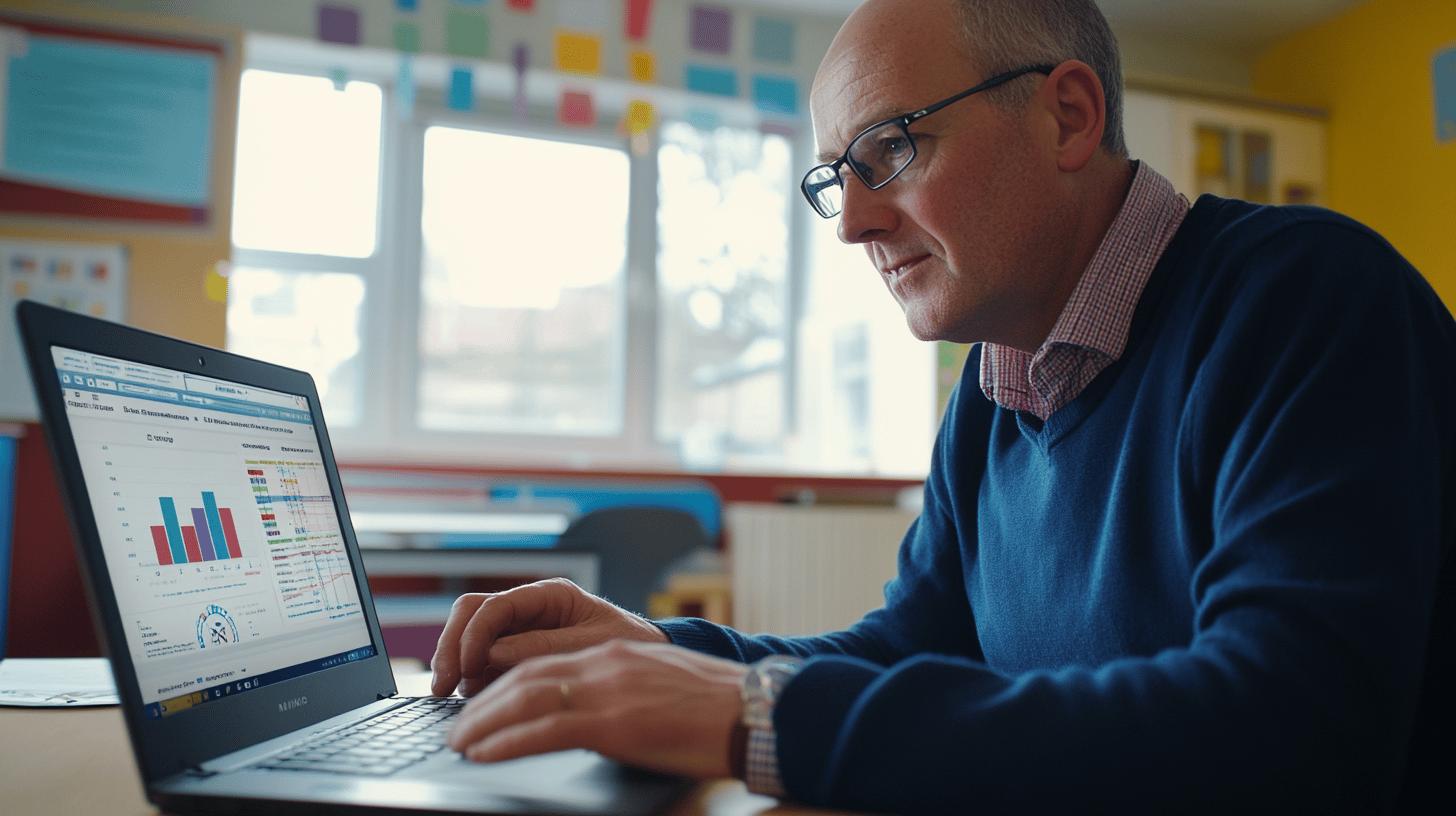 Professional analyzing data visualization on laptop in colorful classroom setting