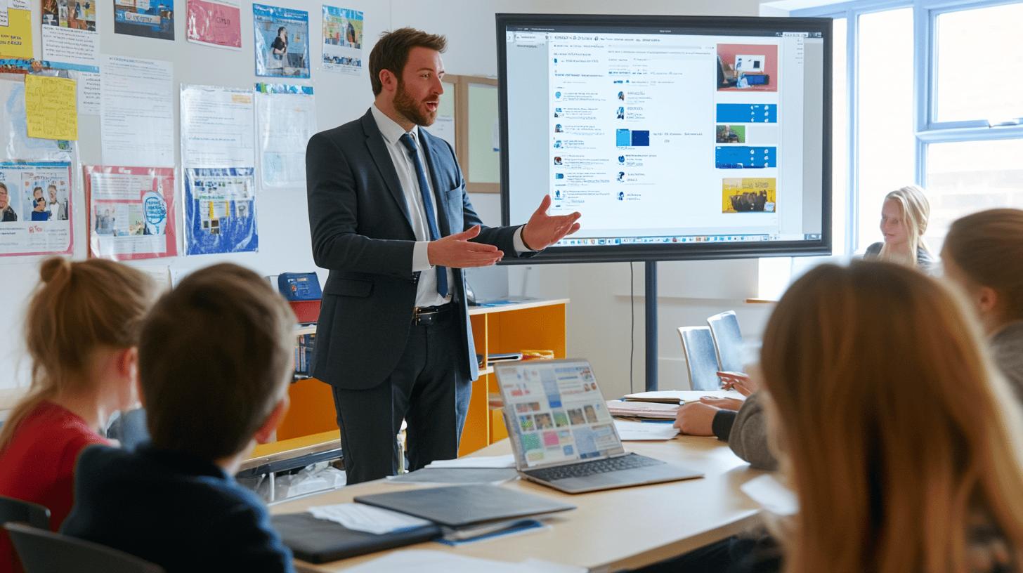 Professional businessman presenting digital marketing strategy in classroom with large screen display and students taking notes on laptops
