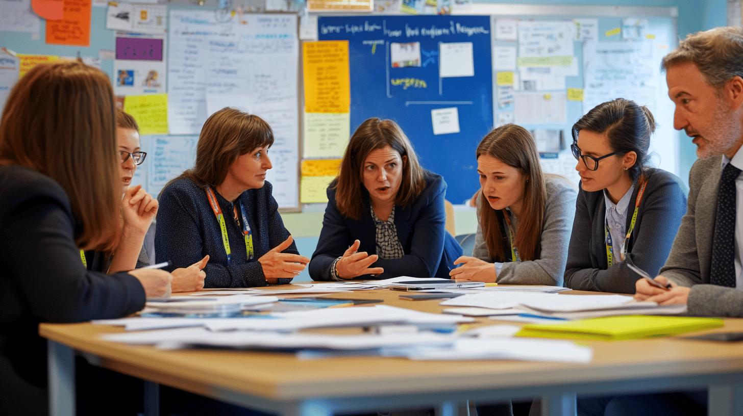 Professional educators in collaborative meeting, discussing strategies around table with colorful bulletin boards and documents, demonstrating teamwork in educational setting