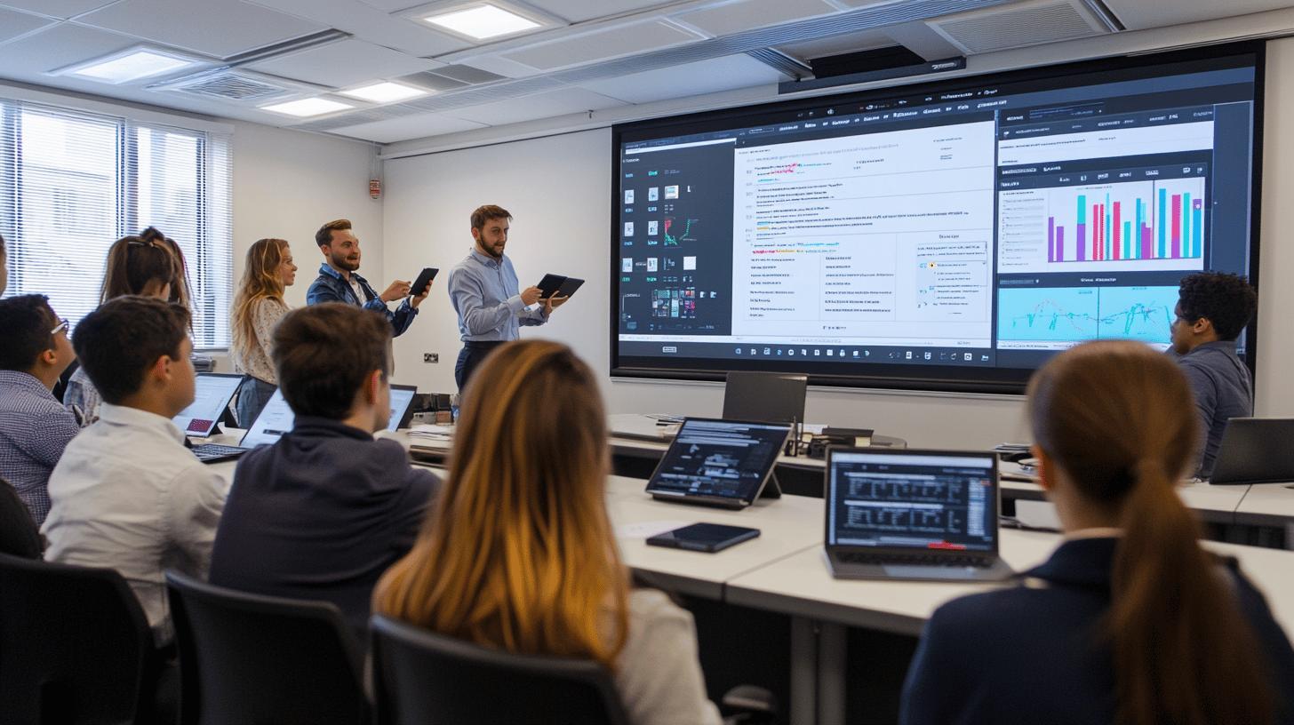 Professional team analyzing data during business meeting with large screen display showing graphs and analytics dashboard in modern office conference room