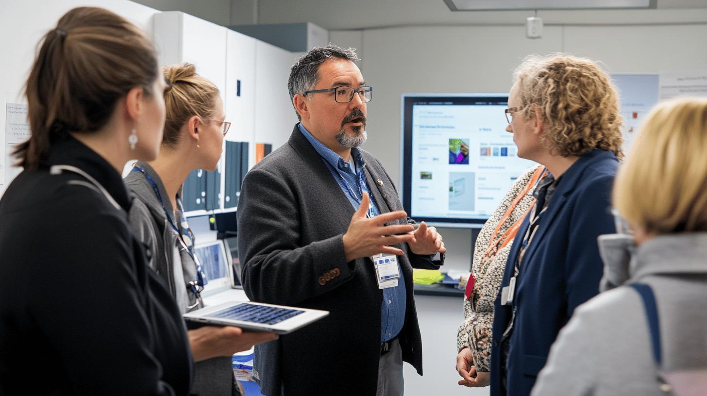 Professional workplace meeting with diverse team discussing project details in modern office environment, with digital screen and collaborative interaction