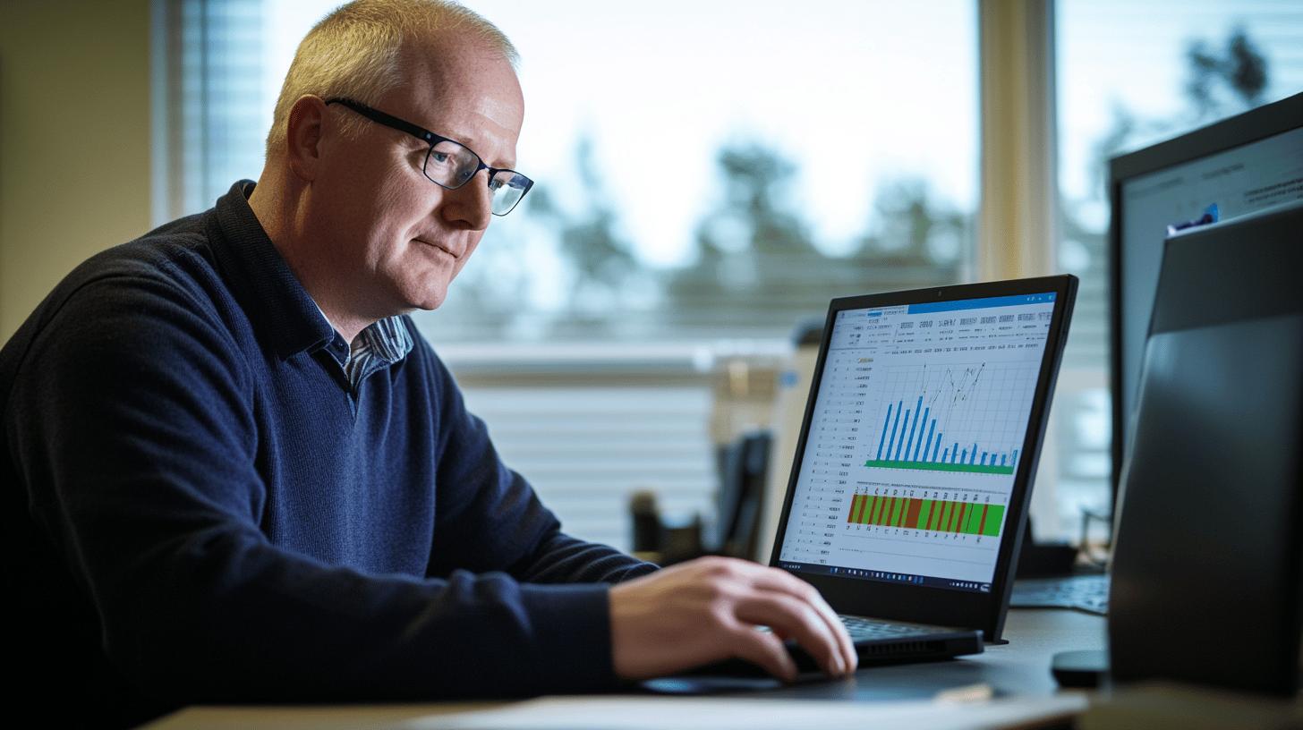 Professional analyzing business data charts on laptop near office window