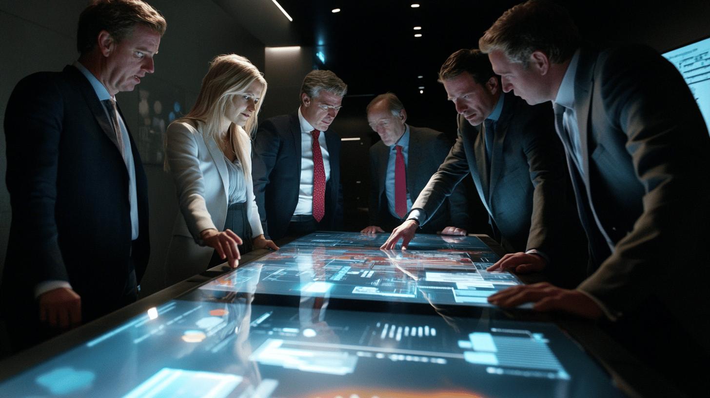 Corporate executives analyzing digital data strategy on interactive touchscreen display in high-tech meeting room with futuristic blue holographic interface