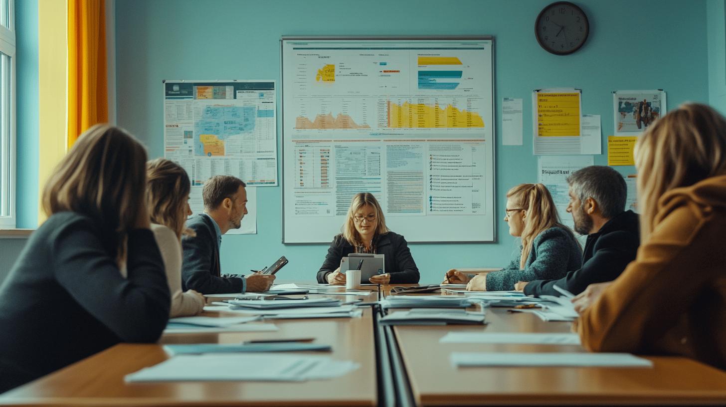 business team analyzing data charts in meeting room with analytical graphs and reports displayed on wall