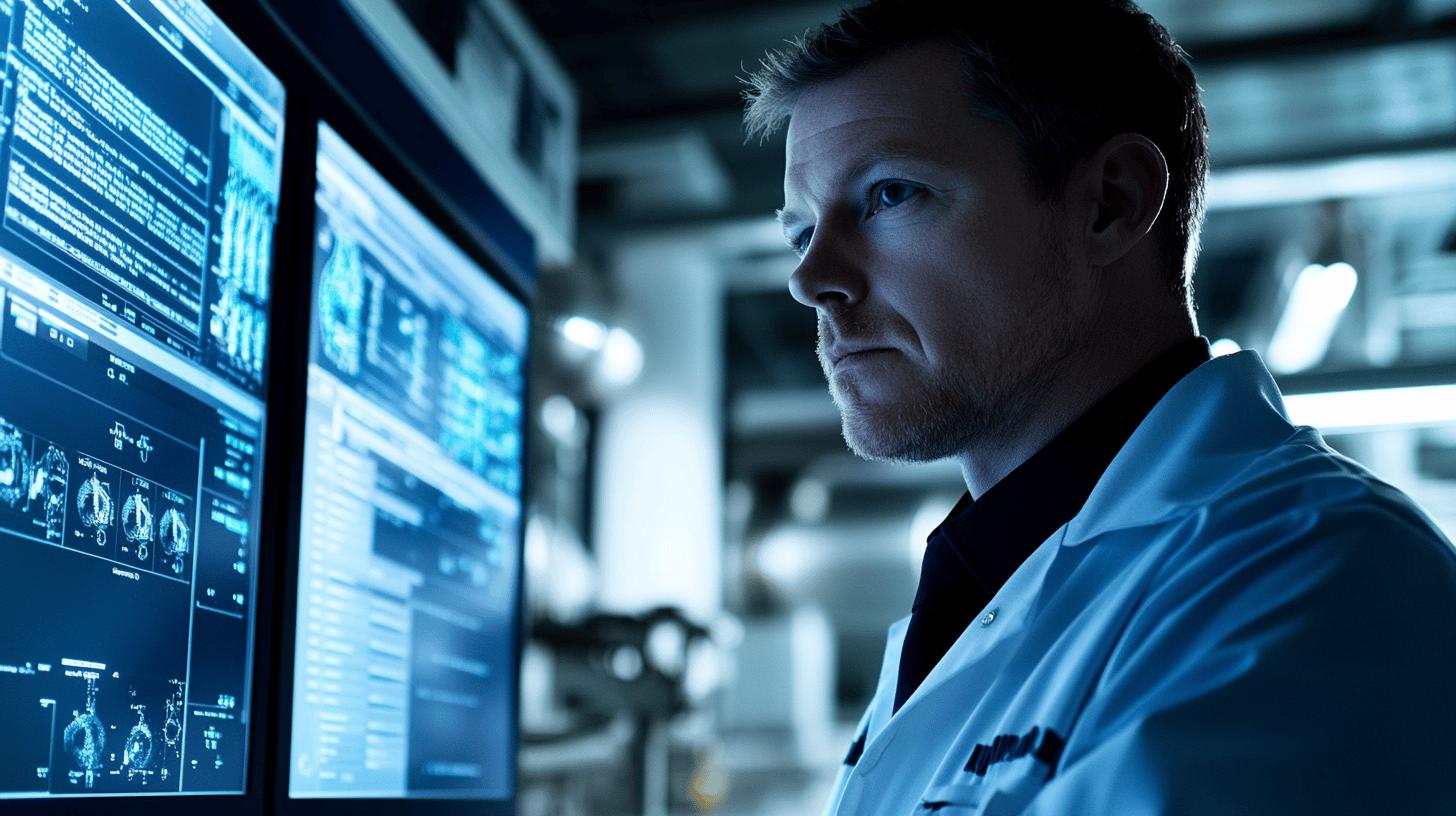 medical professional analyzing brain scans on digital screen in high-tech research laboratory with blue technological lighting