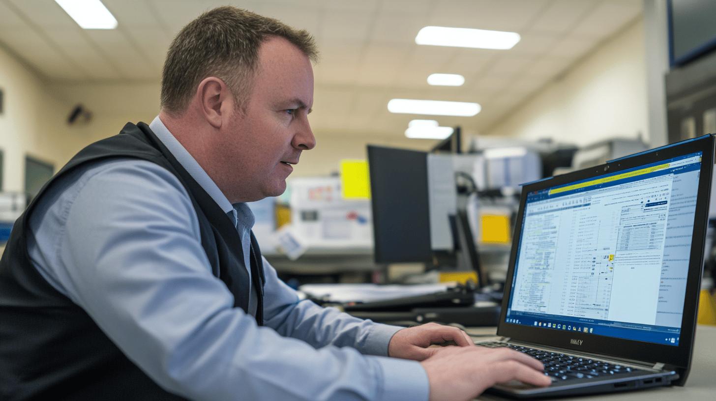 Professional working on spreadsheet in office environment, focused on laptop screen with data analysis software open, wearing business casual attire