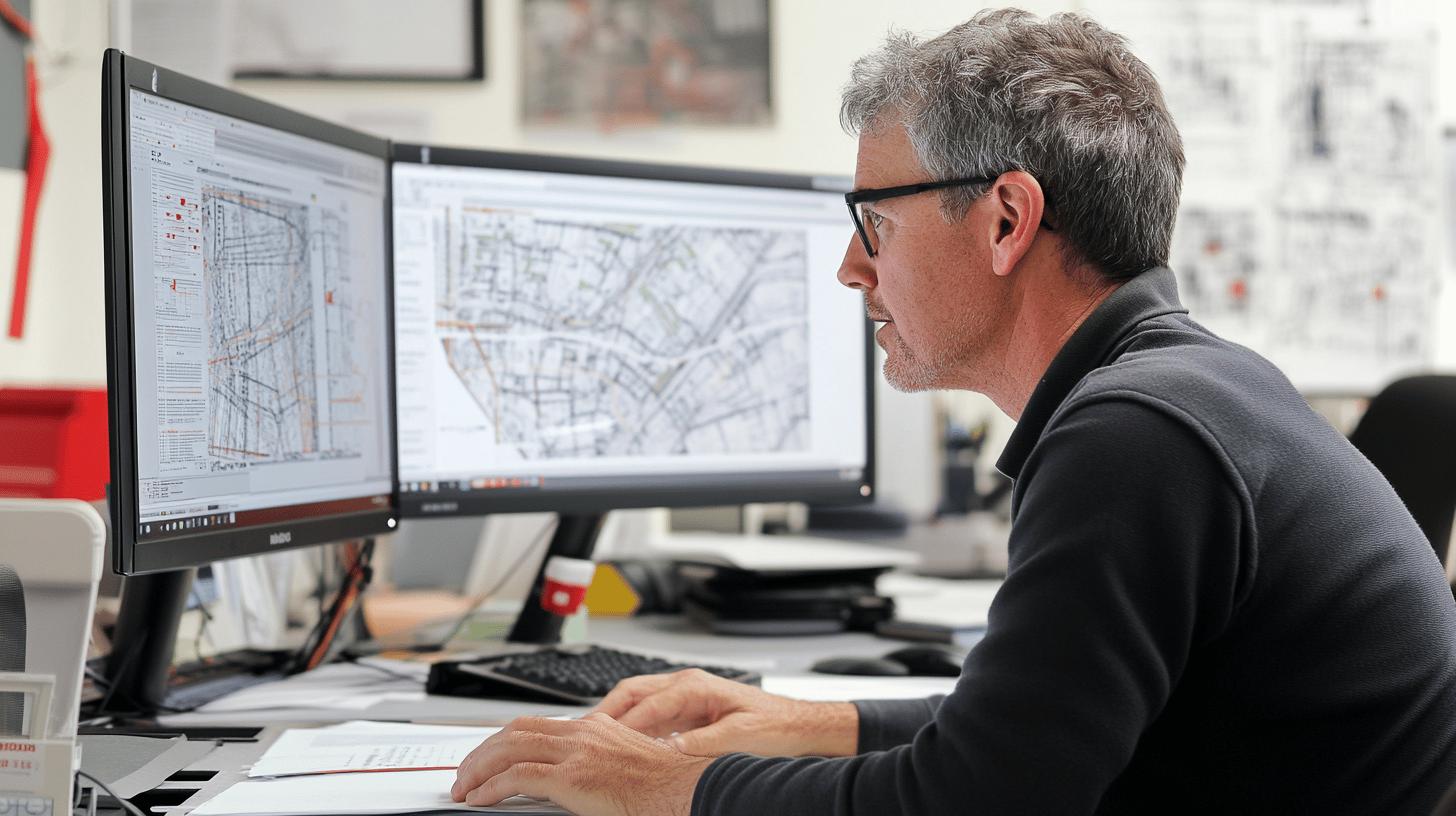 Professional architect reviewing urban planning maps and site designs on dual computer monitors in an office workspace