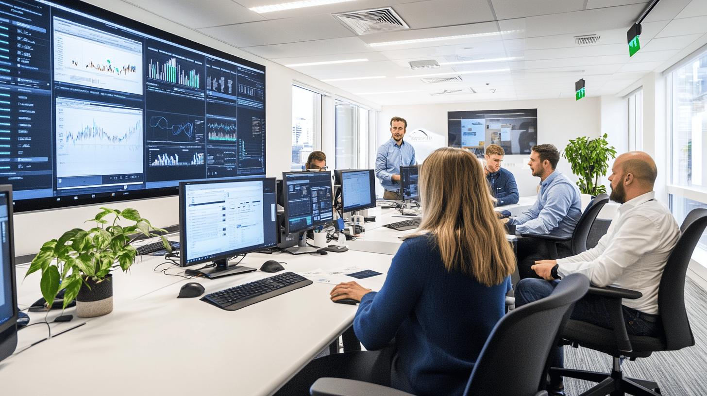 Modern trading office with data analysts monitoring financial graphs on large screens and multiple computer monitors, featuring collaborative workspace with team members and green plants