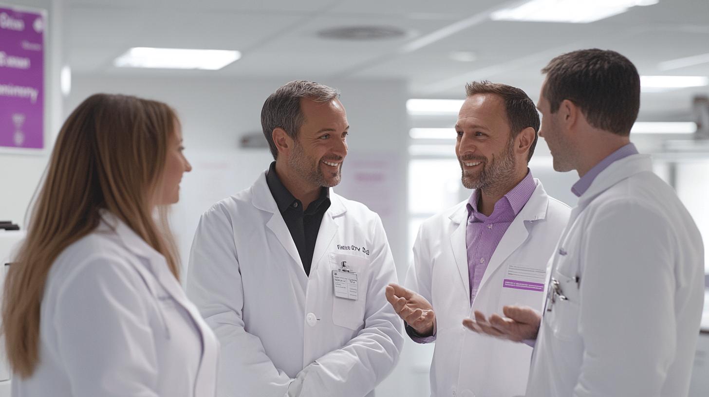 Medical professionals in white lab coats collaborating and smiling in a bright healthcare facility, discussing work with engaged body language and friendly interaction