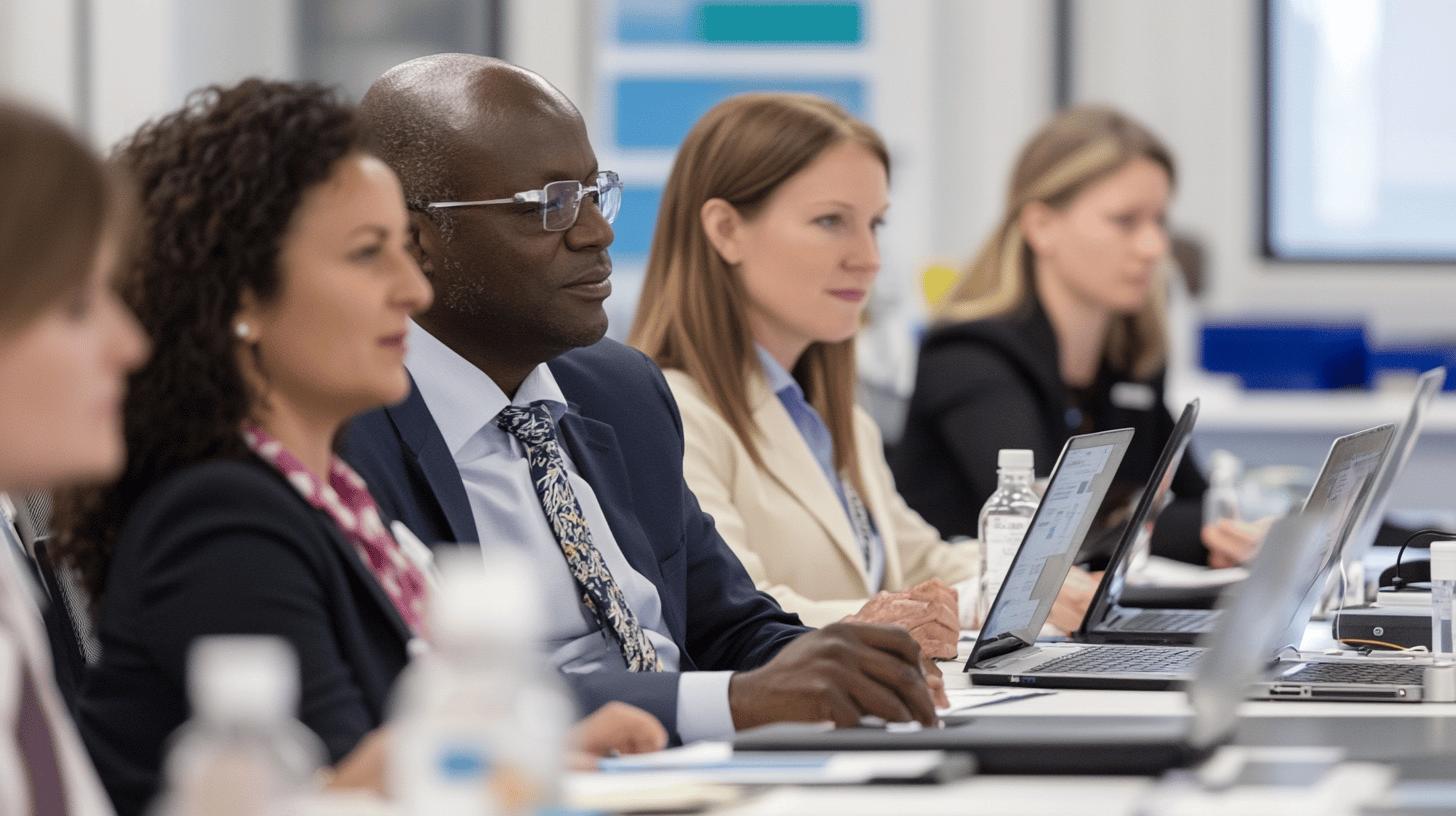 Diverse professionals in business attire attending corporate meeting, working on laptops in modern office setting with collaborative team environment