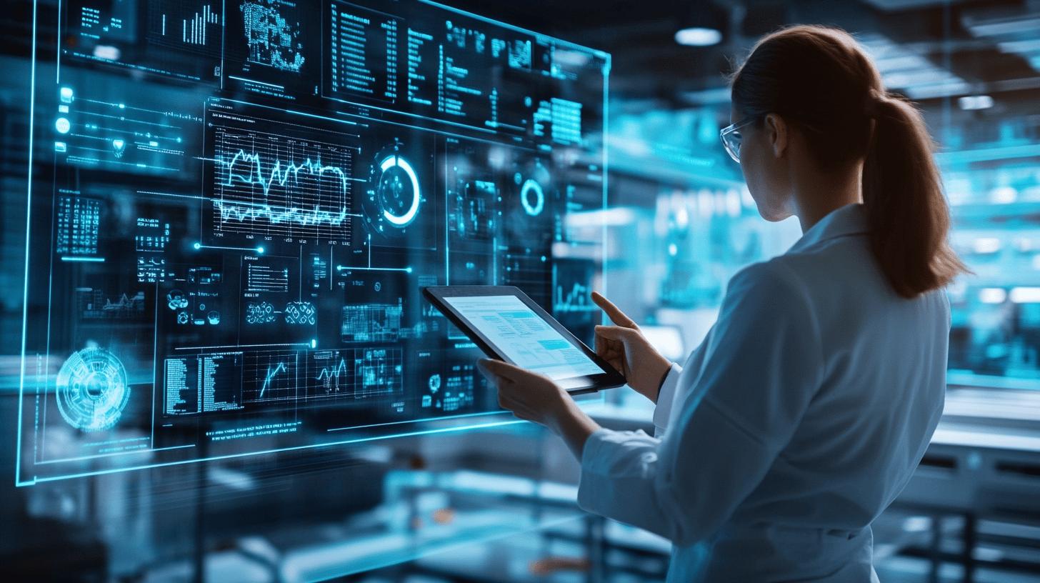 Futuristic digital analytics dashboard with holographic data visualization, featuring technical graphs, circular holograms, and interactive touchscreen interface in a high-tech laboratory setting