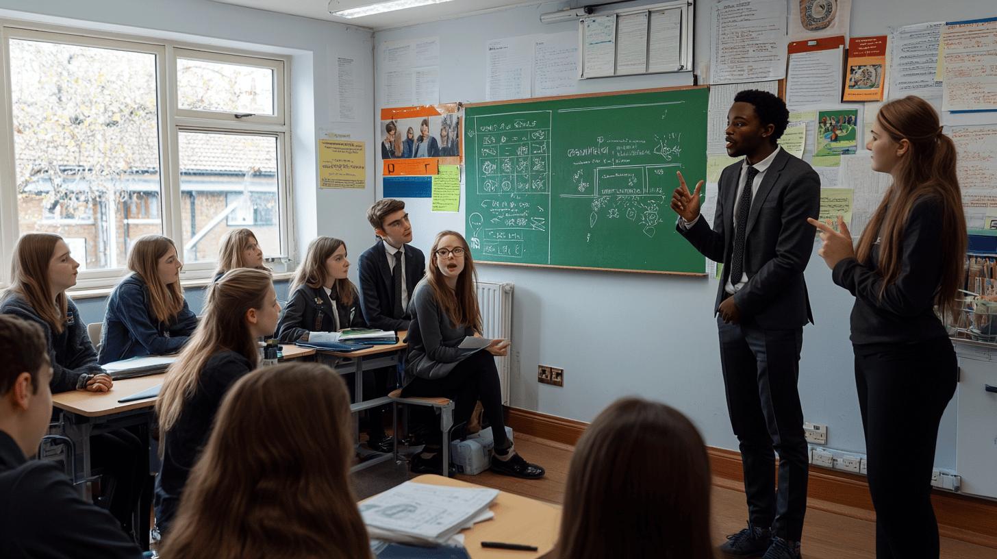 Secondary school classroom with teacher presenting at green chalkboard, students in school uniforms listening attentively from their desks, with large windows and classroom posters in background