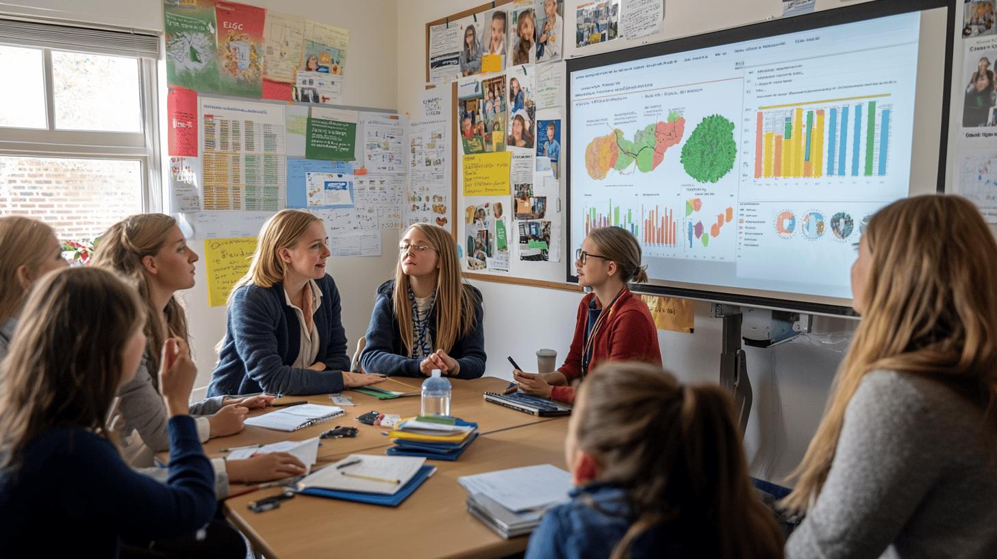 Group of students in classroom meeting with data visualization charts on screen, collaborating around wooden table with notebooks and study materials