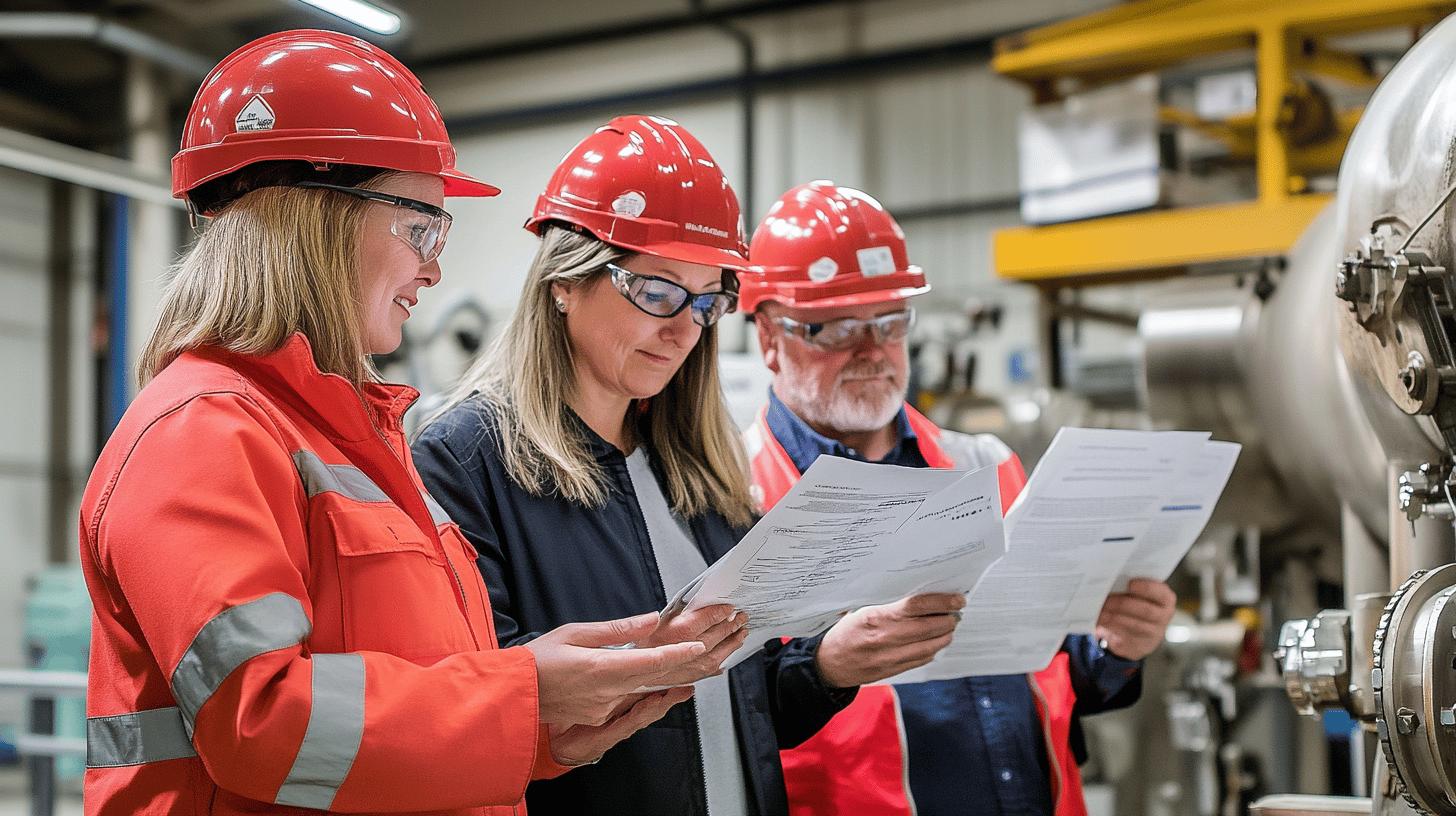 industrial safety team reviewing documents in manufacturing facility, wearing red hard hats and protective workwear, examining paperwork near machinery