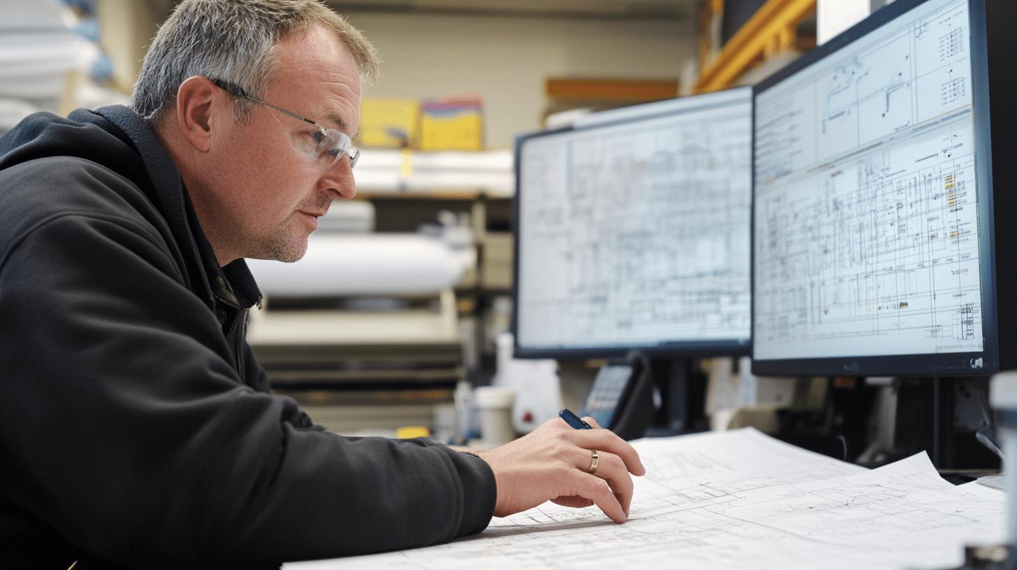 Engineer analyzing technical blueprints on computer screens in industrial workspace, wearing safety glasses and black hoodie while focused on detailed schematic design