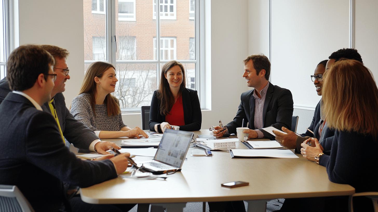 Professional diverse business team collaborating in bright conference room with natural light, engaging in collaborative meeting with laptops and documents