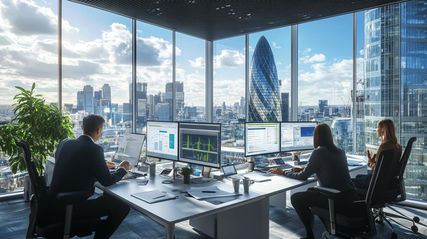 Modern office workspace with data analysts working in London financial district, overlooking Gherkin building with multiple computer monitors displaying business analytics and city skyline