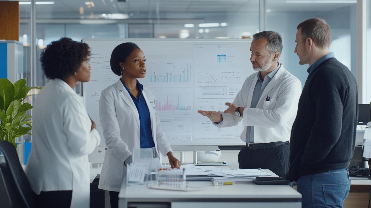 Medical research team analyzing data charts in modern laboratory with statistical graphs and analytics display