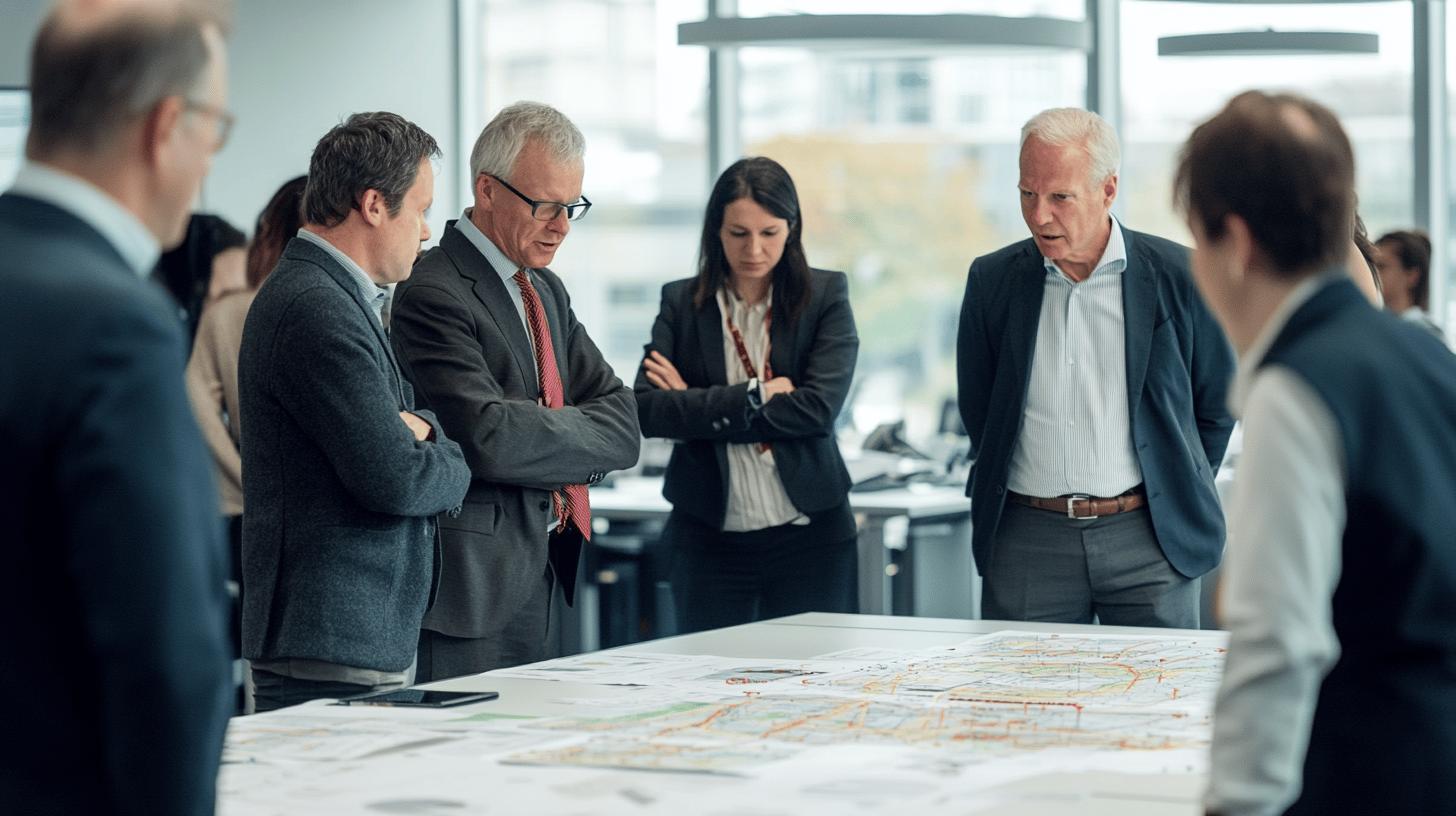 Professional business team analyzing strategic map in modern office with large windows, collaborative meeting with serious executives in corporate attire examining project details together