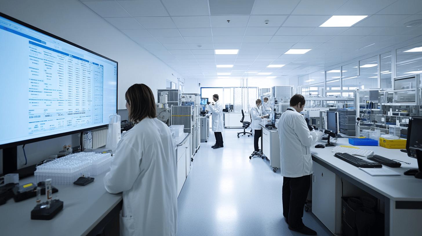 Modern medical research laboratory with scientists in white lab coats working on advanced scientific equipment and analyzing data on large screens