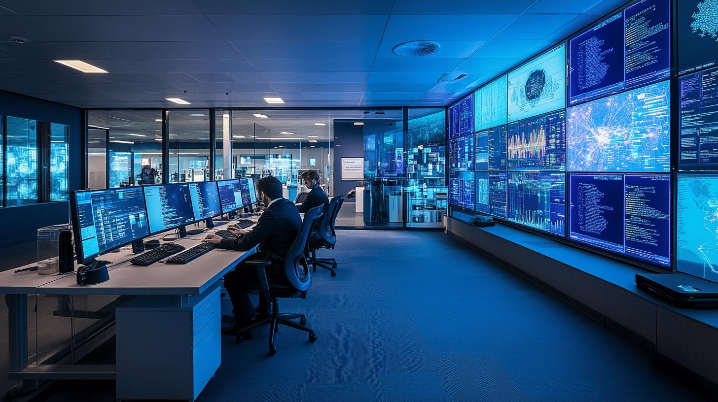 High-tech network operations center with multiple blue-tinted screens displaying data visualizations, network diagrams, and complex analytics, with staff working at computer workstations monitoring digital infrastructure and cybersecurity systems