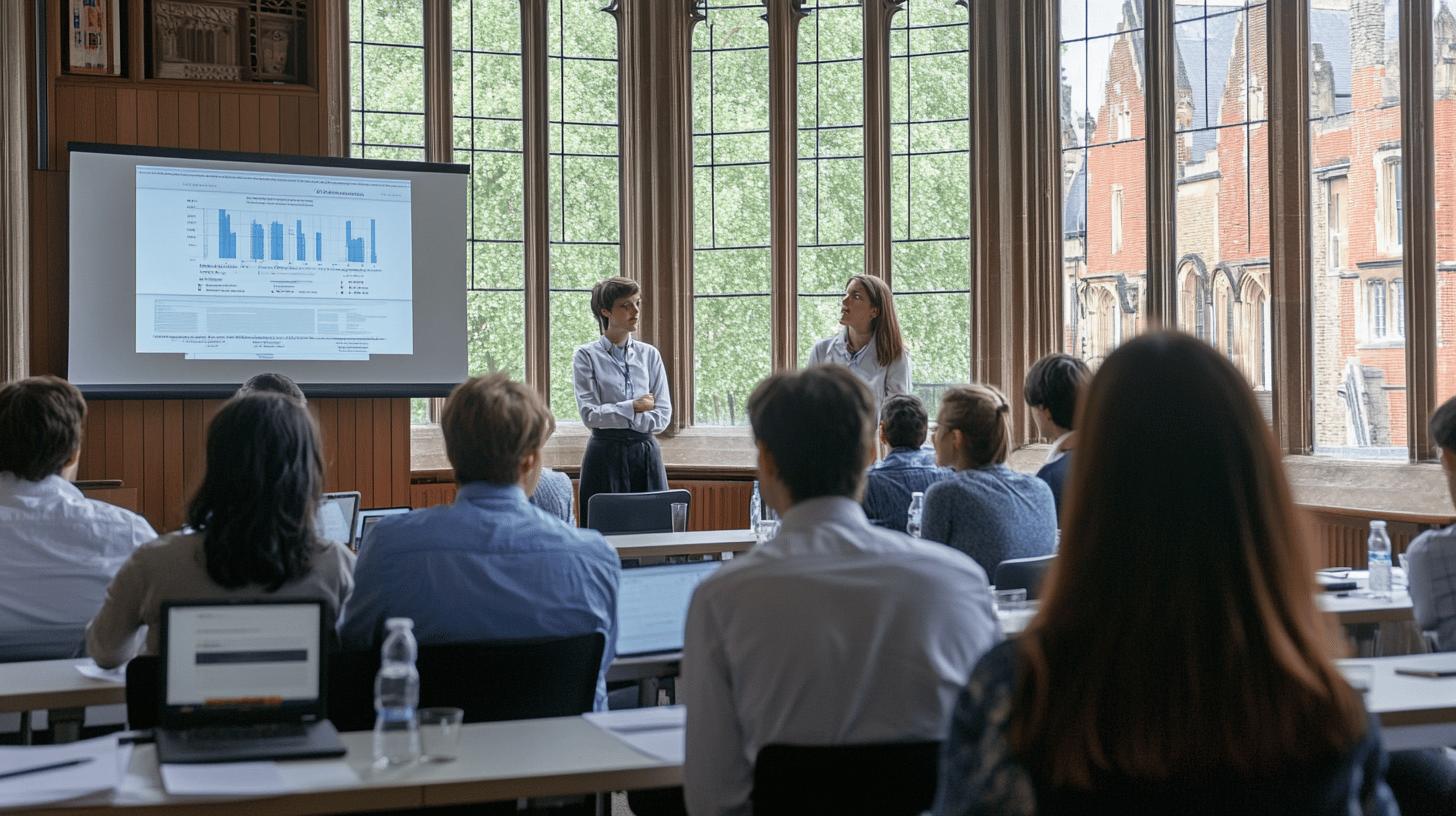 Professional business presentation in a classic academic setting with data chart, featuring two presenters standing by large windows with historic architecture, addressing seated audience with laptops and notebooks