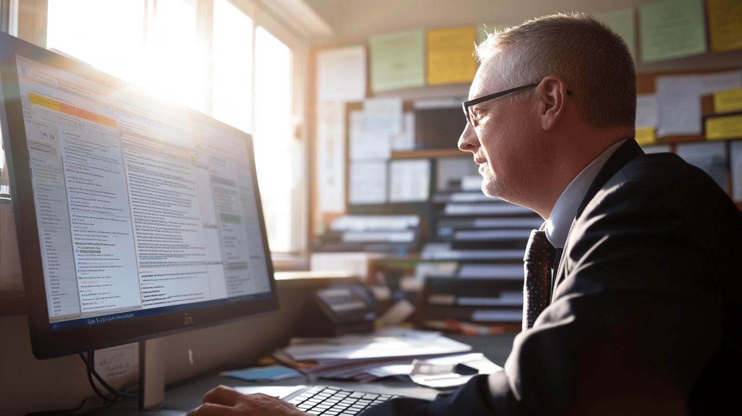 Professional businessman in glasses working on computer in sunlit office with stacked documents and colored sticky notes in background